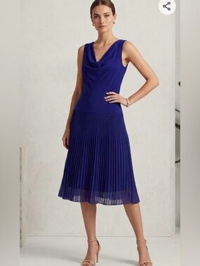 Lauren Ralph Lauren Drop Waist Cowl Neck Pleated Midi Dress Size 8